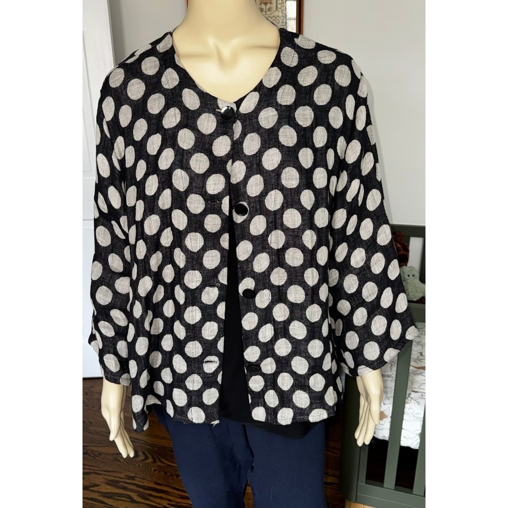 Klok Denmark Womens XL Black Cream‎ Polka Dot Linen Button Front Cardigan Jacket